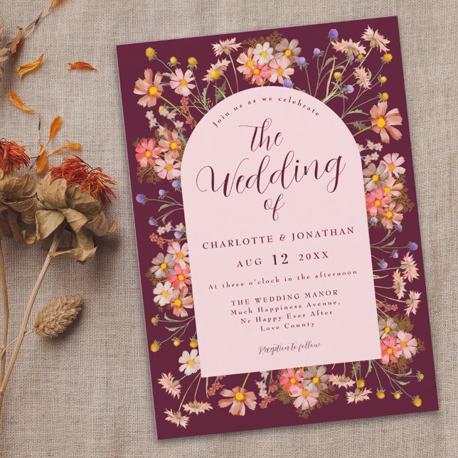 Wildflower Fall Burgundy & Blush Pink Wedding Invitation (Wildflower floral arch burgundy & blush pink Wedding invitation Modern elegant script boho flowers)