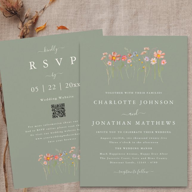 Wildflower Fall Floral Sage Green Wedding QR Code Invitation (Wildflower boho fall floral sage green Wedding qr code invitation Watercolor whimsical meadow flower)