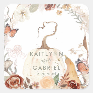 Wildflower Fall Pumpkin Wreath Watercolor Wedding Square Sticker