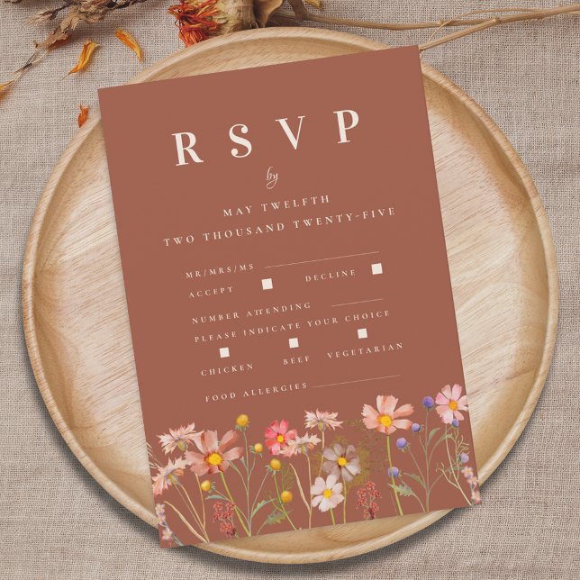 Wildflower Fall Terracotta Meal Options Wedding RSVP Card (Wildflower boho fall floral terracotta rust meal options Wedding RSVP card Autumn garden meadow )