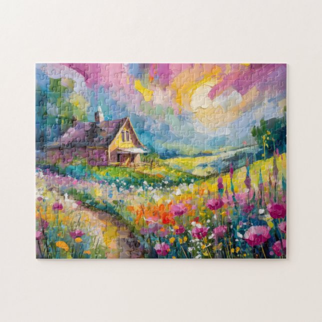 Wildflower Farmhouse Landscape Modern Abstract Art Jigsaw Puzzle (Horizontal)