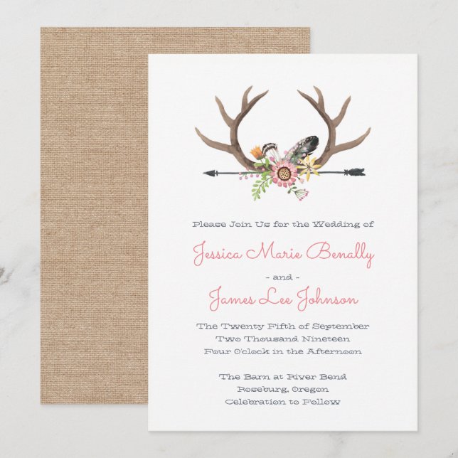 Wildflower Feathers and Arrow Wedding Invitation (Front/Back)