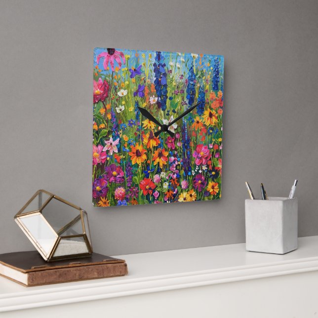 Wildflower field Acrylic painting Square Wall Clock (Office)