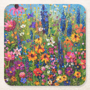 Wildflower field colourful painting square paper coaster