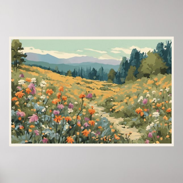 Wildflower Field Mountains Natural Scene Poster (Front)