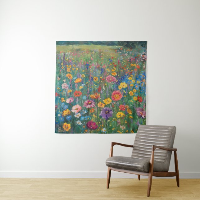 Wildflower field watercolor painting tapestry (In Situ)