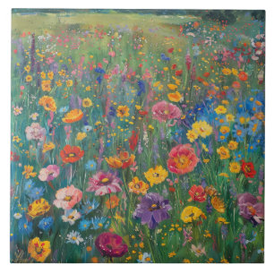 Wildflower field watercolor painting tile