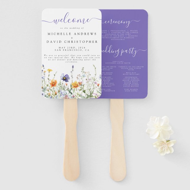 Wildflower Field Wedding Program Hand Fan (Front and Back)