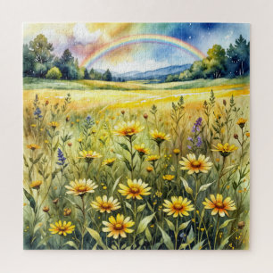 Wildflower Field with Rainbow in Watercolor Jigsaw Puzzle