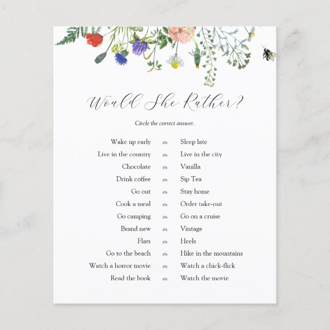 Wildflower Fields and Bees Would She Rather Game (Front)