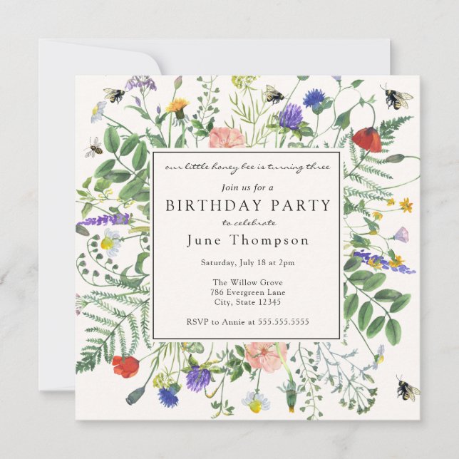 Wildflower Fields and Honey Bees Birthday Invitation (Front)