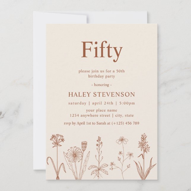 Wildflower Fifty Beige Terracotta 50th Birthday Invitation (Front)