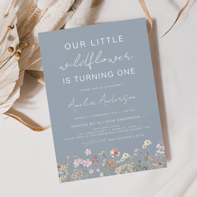 Wildflower First Birthday Dusty Blue Invitation (Creator Uploaded)