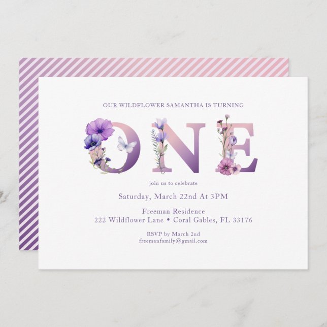 Wildflower First Birthday Party Invite (Front/Back)
