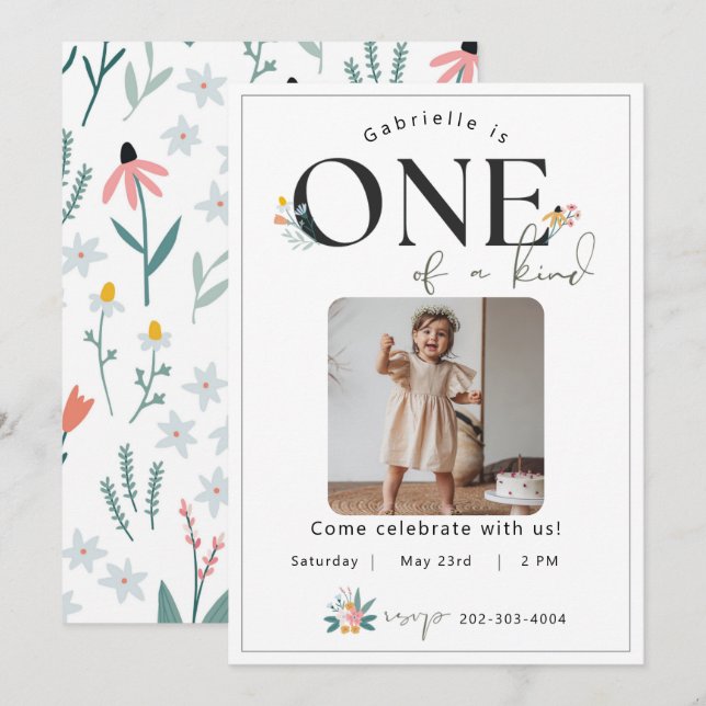 Wildflower First Birthday- Vertical Invitation (Front/Back)