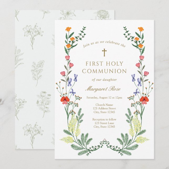 Wildflower First Holy Communion Invitation (Front/Back)
