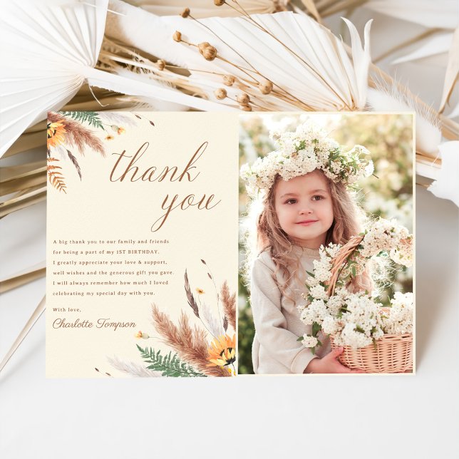 Wildflower Floral 1st Birthday Photo Thank You Card (Creator Uploaded)