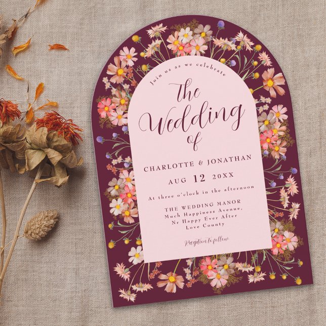 Wildflower Floral Arch Burgundy & Blush Wedding Invitation (Wildflower floral arch Wedding burgundy & blush pink invitation Modern elegant script bohemian )