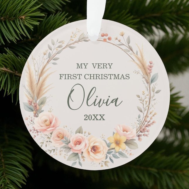 Wildflower Floral Baby First Christmas Personalise Ornament (Creator Uploaded)