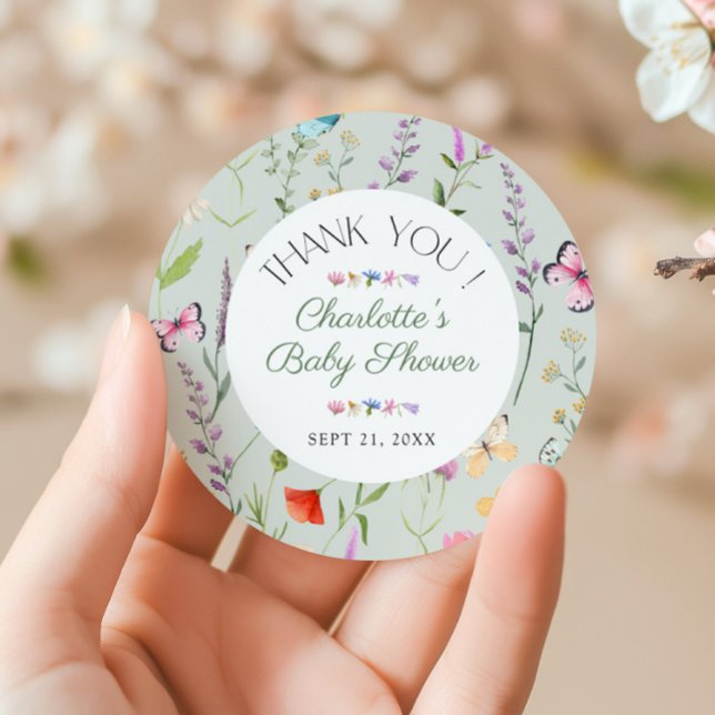 Wildflower Floral Baby Shower Thank You Favour Classic Round Sticker (Creator Uploaded)
