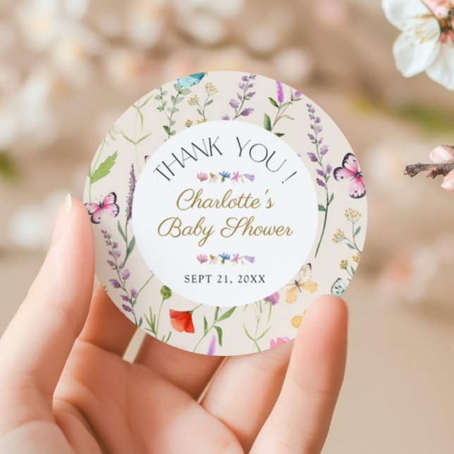 Wildflower Floral Baby Shower Thank You Favour Classic Round Sticker (Wildflower Floral Baby Shower Thank You Favor Classic Round Sticker)