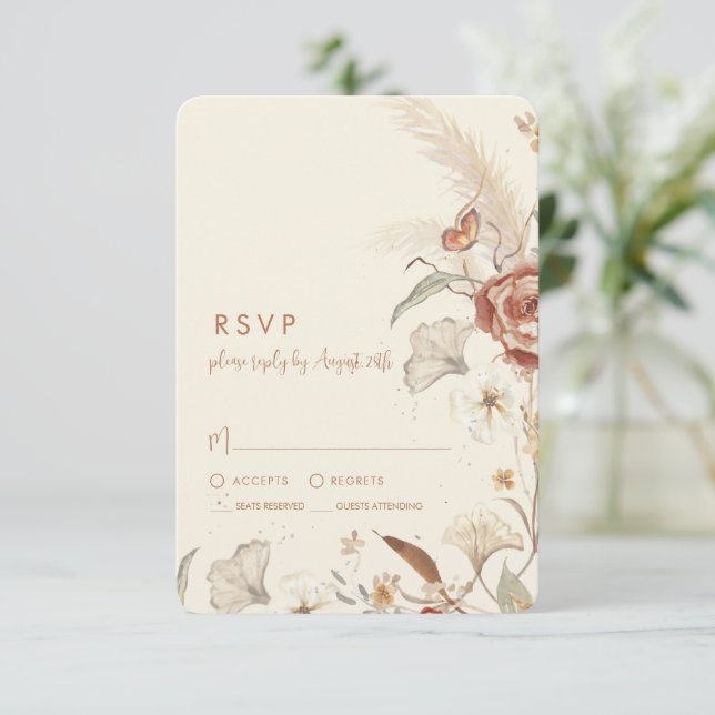 Wildflower Floral BOHO Cream Terracotta Wedding RSVP Card (Standing Front)