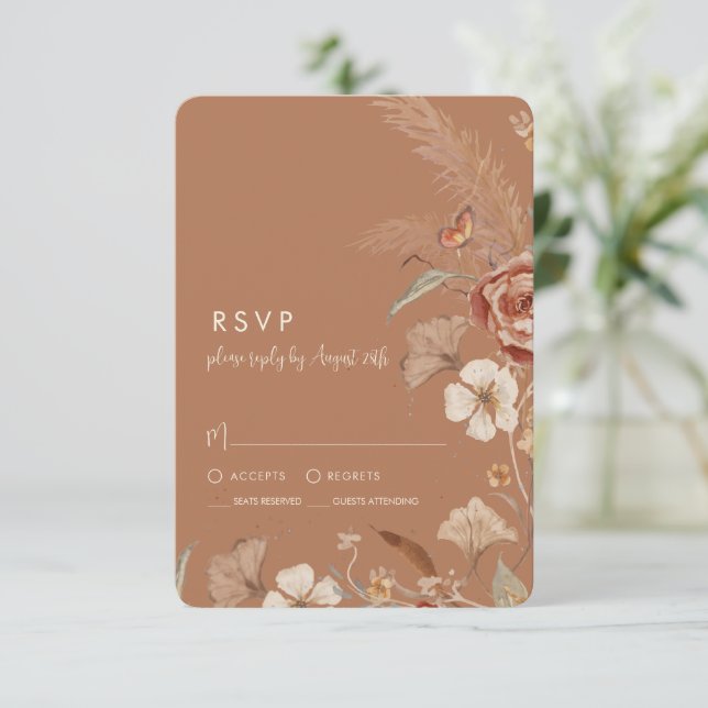 Wildflower Floral BOHO Terracotta Rust Wedding RSVP Card (Standing Front)