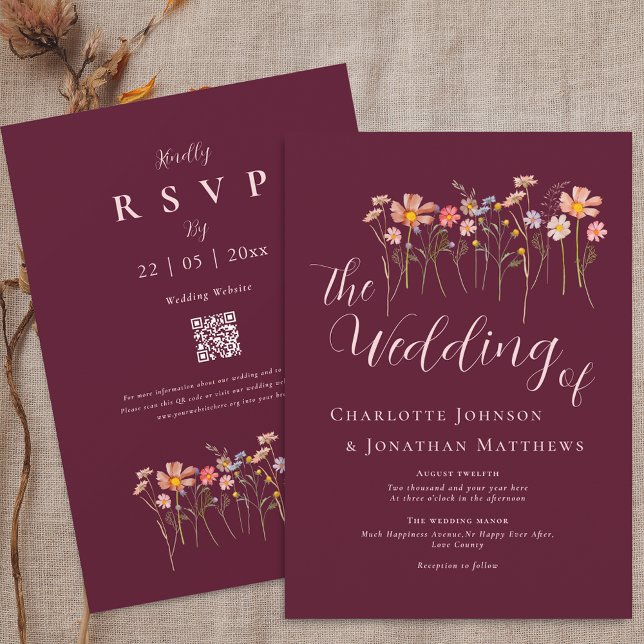 Wildflower Floral Burgundy Blush Pink QR Code Invitation (Wildflower floral burgundy & blush pink Wedding qr code invitation watercolor flowers Fall colors)