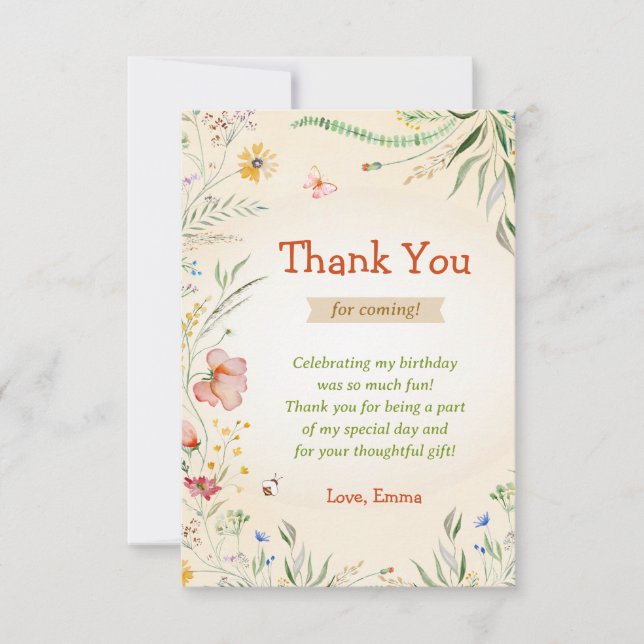 Wildflower Floral Colourful Birthday Girl Guest Thank You Card (Front)