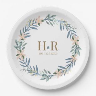 Wildflower Floral Crown Wedding Initials Paper Plate