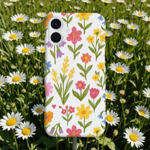 Wildflower Floral Cute Colorful Doodle On White iPhone 16 Plus Case