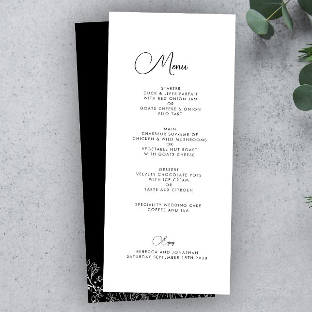 Wildflower Floral Elegant Black White Wedding Menu (Creator Uploaded)