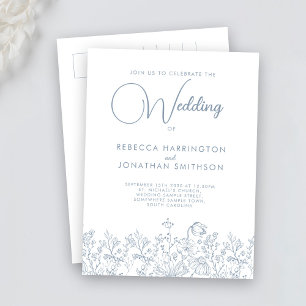 Wildflower Floral Elegant Dusty Blue Wedding Invitation Postcard