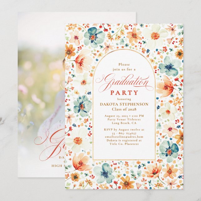 Wildflower Floral Elegant Garden Fall Graduation Invitation (Front/Back)