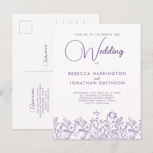 Wildflower Floral Elegant Lilac Wedding Invitation Postcard (Front/Back)