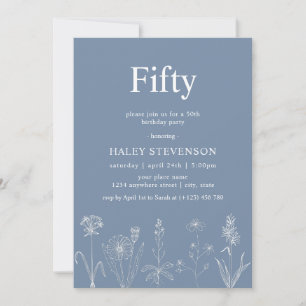 Wildflower Floral Fifty Dusty Blue 50th Birthday Invitation