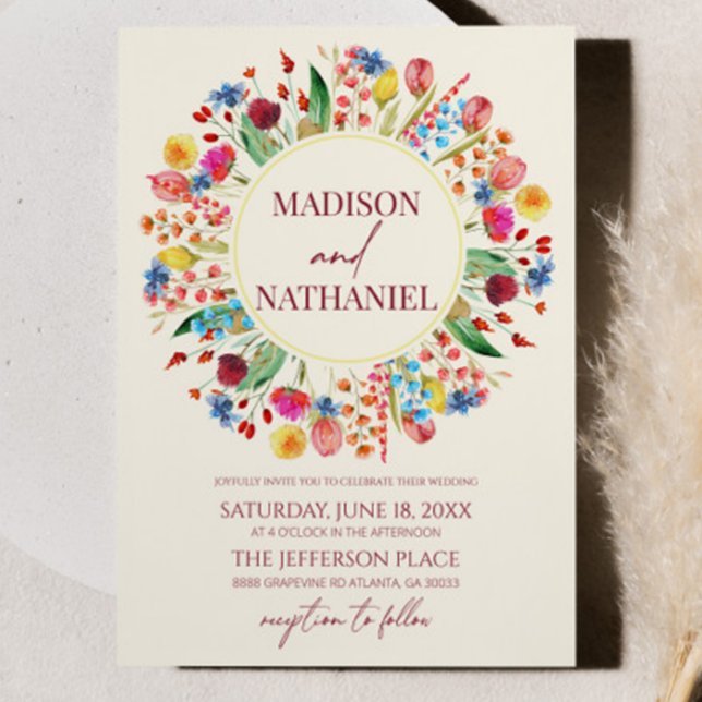 Wildflower Floral Garden Flower Wreath Wedding Invitation (Creator Uploaded)