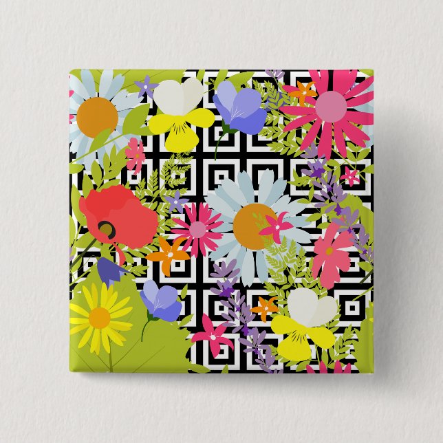 Wildflower Floral Garden on Geometric Pattern 15 Cm Square Badge (Front)