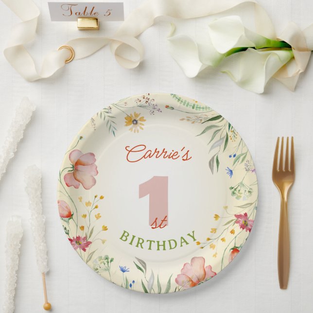 Wildflower Floral Girl's 1st First Birthday One Paper Plate (Wedding)