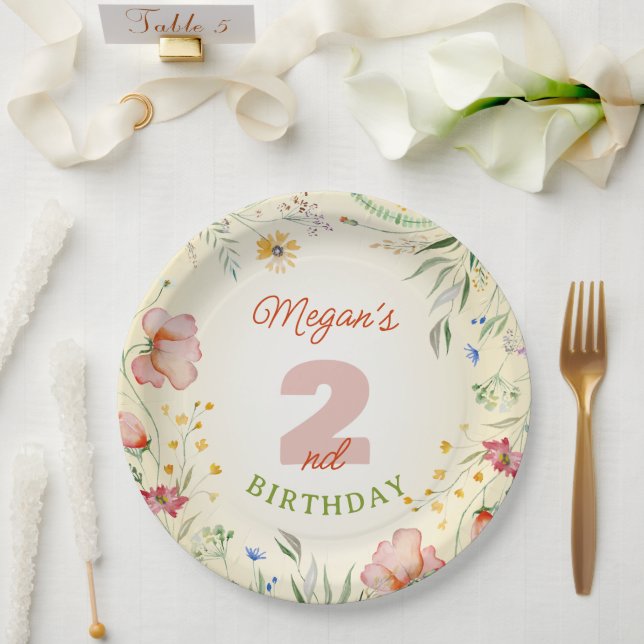 Wildflower Floral Girl's Two 2nd Second Birthday Paper Plate (Wedding)