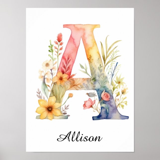 Wildflower Floral Initial Letter A Print (Front)