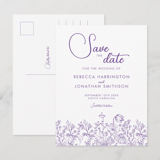 Wildflower Floral Lilac Wedding Save The Date Invitation Postcard (Front/Back)