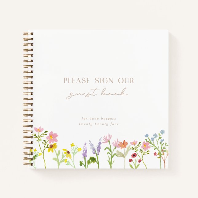 Wildflower Floral Modern Minimal Baby Guest Book (Front)