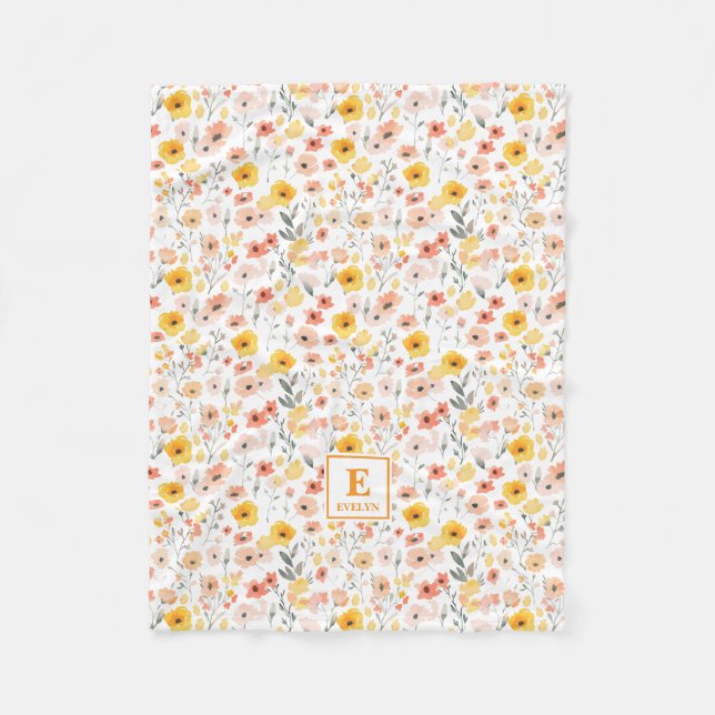 Wildflower floral Monogram Fleece Blanket (Front)
