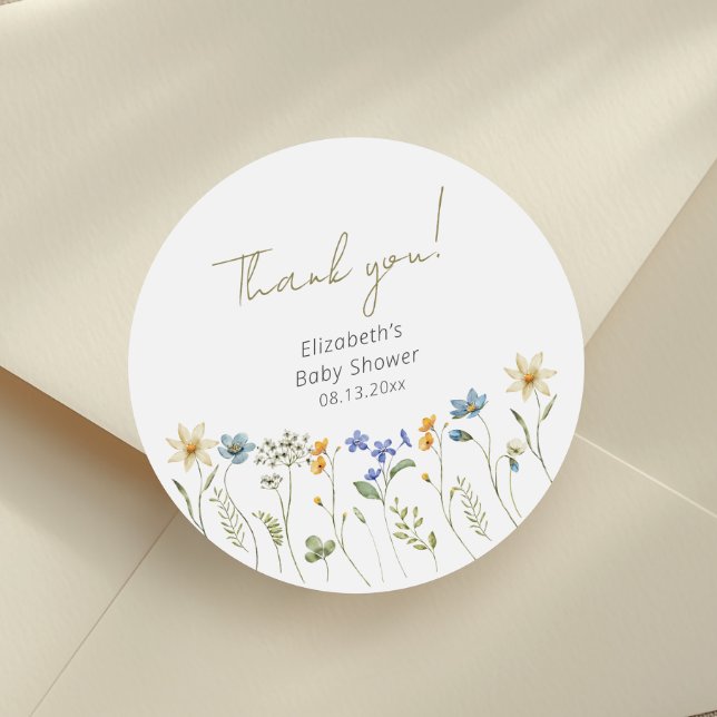 Wildflower Floral Neutral Baby Shower Classic Round Sticker (Creator Uploaded)