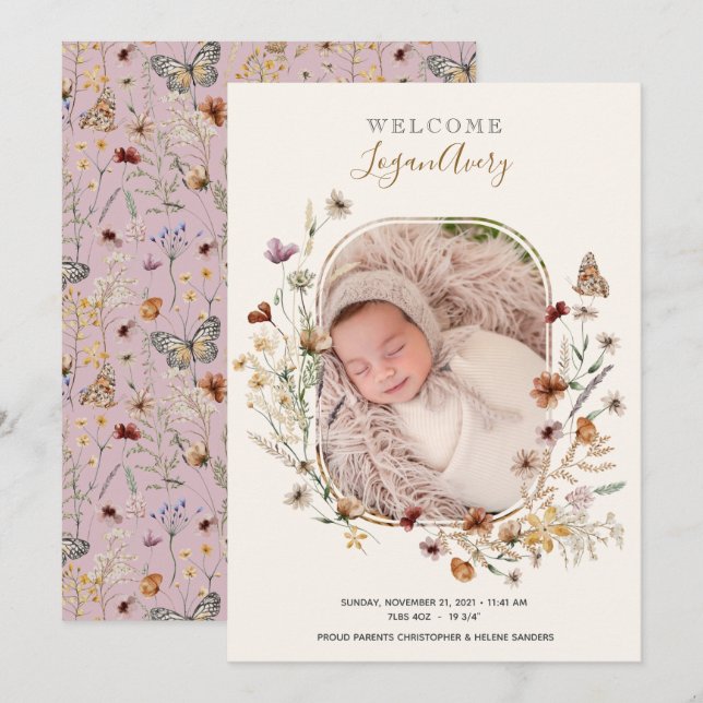 Wildflower Floral New Baby Birth Photo Announcement (Front/Back)