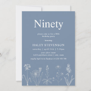 Wildflower Floral Ninety Dusty Blue 90th Birthday Invitation