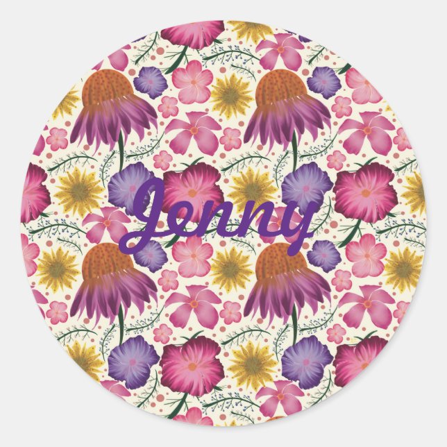 Wildflower Floral Pattern Personalised Classic Round Sticker (Front)
