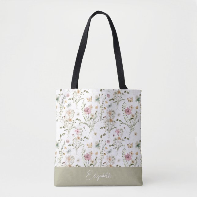 Wildflower Floral Personalised Name Tote Bag (Front)