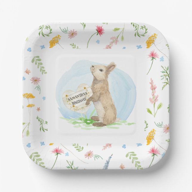 Wildflower Floral Peter Rabbit Heart Watercolor Paper Plate (Front)
